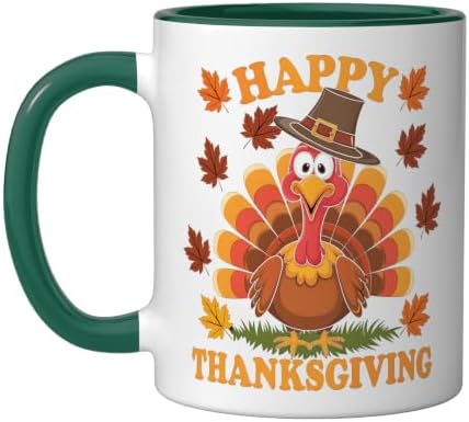 Happy Thanksgiving Funny Turkey Family Dinner Thanksgiving Ceramic Mug, Dark Green/White, 11oz by Unknown