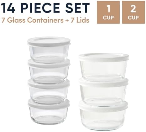 14-Piece Glass Food Storage Containers Set (7 Containers + 7 BPA-Free Lids) | 1-Cup & 2-Cup, Leakproof | Microwave, Freezer, Oven & Dishwasher Safe | Ideal for Meal Prep & Pantry Organization, White