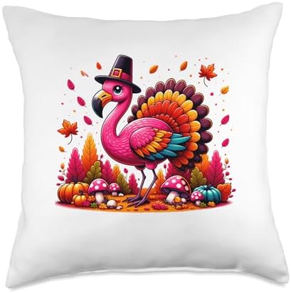 Flamingo Turkey Cute Flamingo Turkey Fall Leaf Thanksgiving Throw Pillow by Unknown
