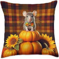 Autumn Mouse Rat Pet Thanksgiving Pumpkins Sunflowers Throw Pillow by Unknown