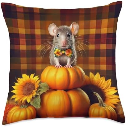 Autumn Mouse Rat Pet Thanksgiving Pumpkins Sunflowers Throw Pillow by Unknown