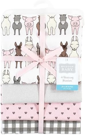 Hudson Baby Unisex Baby Cotton Poly Flannel Receiving Blankets, Farm Friends Pink, One Size - Image 2