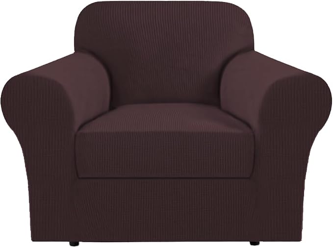 H.VERSAILTEX Stretch Armchair Covers Slipcover 2 Piece Chair Covers for Living Room Furniture Cover Suit for T Cushion/Box Cushion, Spandex Jacquard Fabric Small Checks(Armchair-Standard, Brown)