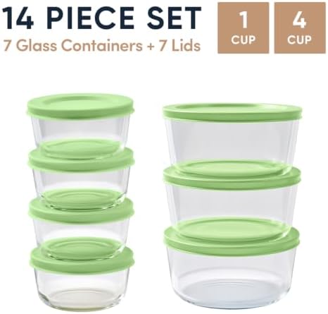 14-Piece Glass Food Storage Containers Set (7 Containers + 7 BPA-Free Lids) | 1-Cup & 4-Cup, Leakproof | Microwave, Freezer, Oven & Dishwasher Safe | Ideal for Meal Prep & Pantry Organization, green