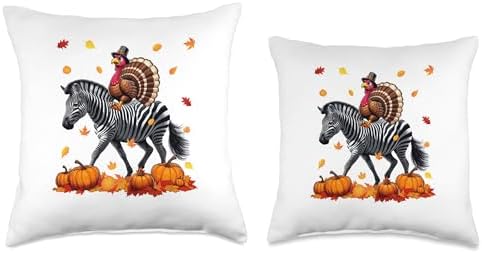 Turkey Riding Zebra Thanksgiving Fall Leaves Pumpkins Throw Pillow - Image 3