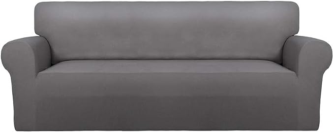 PureFit Stretch Couch Covers for Sofa Large Sofa Slipcovers Light Gray | 1-Piece Spandex Couch cover Soft Couch protector, Sofa cover Washable with Non Skid Foam and Elastic Bottom for Kids, Dogs