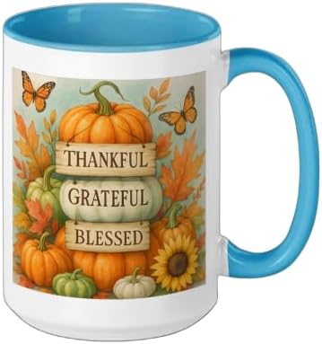 Thankful Grateful Blessed - Fall Pumpkin Family Thanksgiving Ceramic Mug, Blue/White, 15oz - Image 2