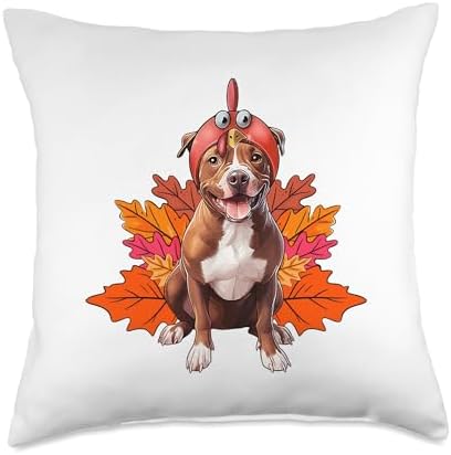 Funny Dog Costume Turkey Pit Bull Dog Fall Autumn Leaf Funny Thanksgiving Throw Pillow, 18x18, Multicolor by Unknown