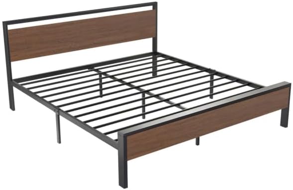 Allewie King Size Bed Frame, Heavy Duty 12 Metal Slats Support, Walnut | Wooden Headboard and Footboard, Modern Platform Bed, No Box Spring Needed, Under-Bed Storage, Noise Free, Easy Assembly