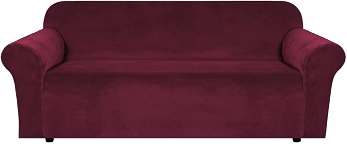 H.VERSAILTEX Stretch Velvet Sofa Covers for 3 Cushion Couch Covers Sofa Slipcovers Furniture Protector Soft with Non Slip Elastic Bottom, Crafted from Thick Comfy Rich Velour (Sofa 72"-90", Burgundy)