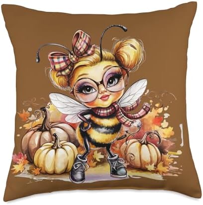Fall Pumpkin Cute Bee Fall Autumn Thanksgiving Throw Pillow by Unknown