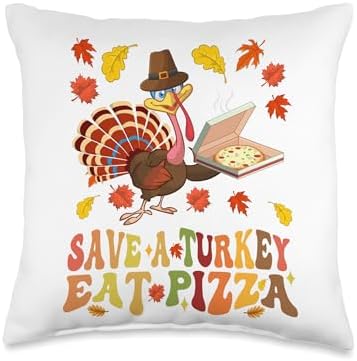 Funny Thanksgiving Costume 2023 Groovy Save A Turkey Eat A Pizza Funny Thanksgiving Costume Throw Pillow, 16x16, Multicolor by Unknown