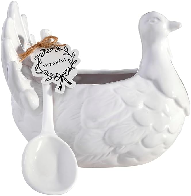 Santa Barbara Design Studio Turkey Gravy Boat with Spoon - Glazed Ceramic Thanksgiving Serving Dish, 7.5" L x 5.25" W x 6.25" H, White - Image 5