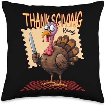Funny Thanksgiving Turkey Cartoon with Knife Humor Throw Pillow by Unknown
