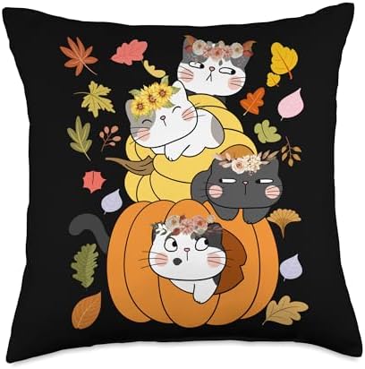 "Cute Cats with Pumpkins" Fall Thanksgiving Funny Throw Pillow by Unknown