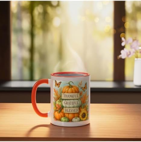 Thankful Grateful Blessed - Fall Pumpkin Family Thanksgiving Ceramic Mug, Orange/White, 11oz - Image 3