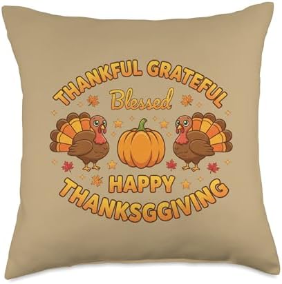 Thankful Grateful Blessed Happy Thanksgiving Turkey Pumpkin Throw Pillow by Unknown