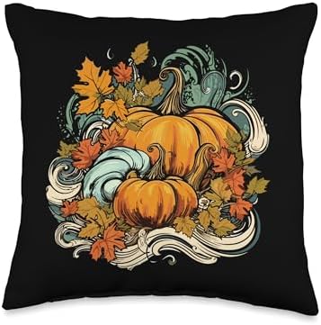 Pumpkins Fall Season Autumn Leaves Thanksgiving Vintage Throw Pillow by Unknown