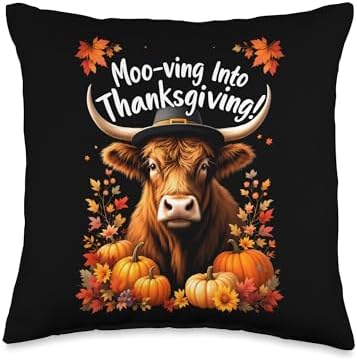 Moo-ving Into Thanksgiving Highland Cow Throw Pillow by Unknown