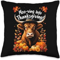 Moo-ving Into Thanksgiving Highland Cow Throw Pillow by Unknown