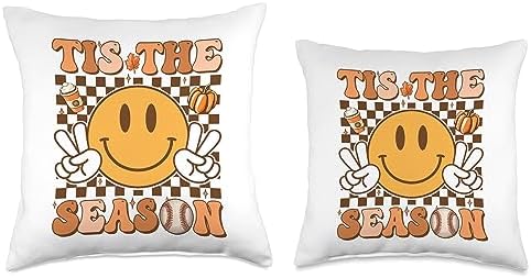 Fall Autumn Lover Smile Face Tis The Season Groovy Fall Thanksgiving Baseball Throw Pillow, 16x16, Multicolor - Image 3