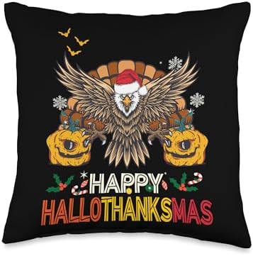 Happy HalloThanksMas Eagle Halloween Thanksgiving Christmas Throw Pillow by Unknown