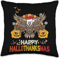 Happy HalloThanksMas Eagle Halloween Thanksgiving Christmas Throw Pillow by Unknown