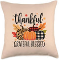 Thanksgiving Thankful Grateful Blessed leopard plaid Pumpkin Throw Pillow by Unknown
