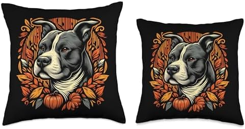 Pit Bull Thanksgiving Autumn Fall Red Leaves Pitbull Floral Throw Pillow - Image 3