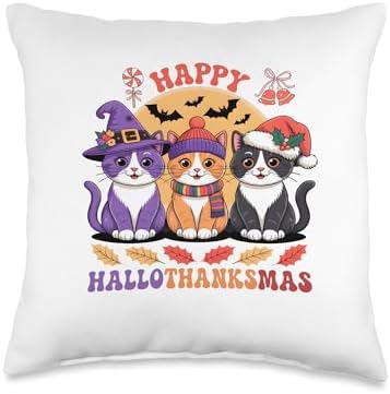 Halloween Thanksgiving Christmas Happy HalloThanksMas Cats Throw Pillow by Unknown