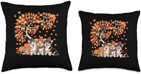 Three Cute Corgis Pumpkins Under Fall Tree Thanksgiving Throw Pillow - Image 3