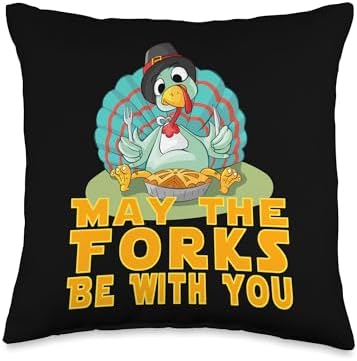 Cute Thanksgiving Turkey May The Forks Be with You Throw Pillow by Unknown