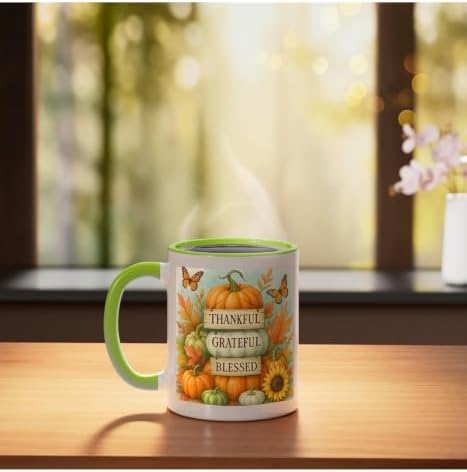 Thankful Grateful Blessed - Fall Pumpkin Family Thanksgiving Ceramic Mug, Light Green/White, 11oz - Image 3
