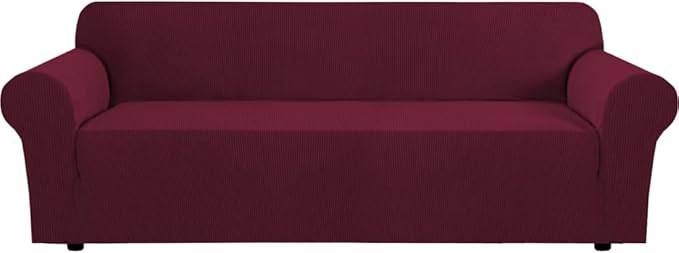H.VERSAILTEX Stretch Couch Covers for Sofa 1 Piece Slipcovers for Couches 3 Seater Couch Cover Feature Thick Checked Jacquard Fabric with Elastic Bottom(Large Sofa 90"-100" Wide, Burgundy Red)