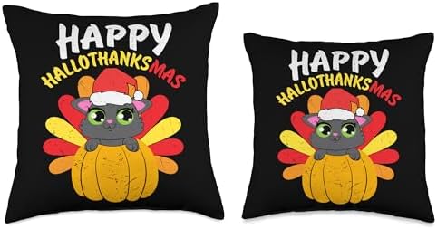 Check out my Thanksgiving Shirts Thanksgiving Happy Hallothanksmas Cat Kitten Throw Pillow, 18x18, Multicolor - Image 3