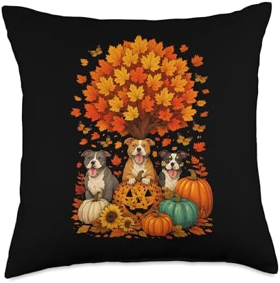 Thanksgiving Fall Pitbull Dog Leaf Fall Tree It's Fall Y'all Throw Pillow by Unknown