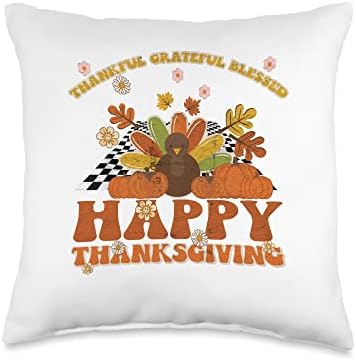 Thankful Grateful Blessed Happy Thanksgiving Turkey Groovy Throw Pillow, 16x16, Multicolor by Unknown