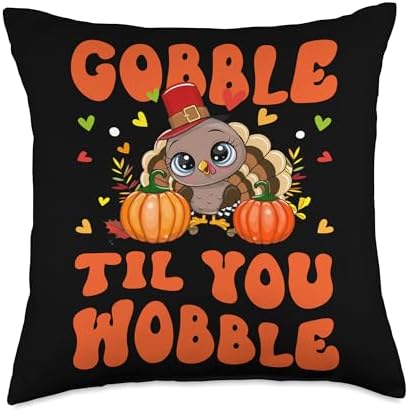 Gobble Til You Wobble For Love Gobble Til You Wobble Cute Girl Boy Turkey Thanksgiving Kid Throw Pillow, 18x18, Multicolor by Unknown