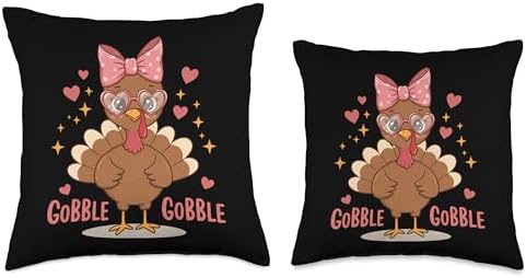 Cute Gobble Turkey Day Pink Bow Thanksgiving Women Kids Throw Pillow - Image 3
