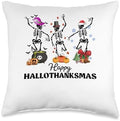 halloween thanksgiving christmas hallothanksmas Skeletons Throw Pillow by Unknown
