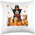 Bernedoodle Thanksgiving Drinks Coffee Fall Leaves Pumpkins Throw Pillow by Unknown