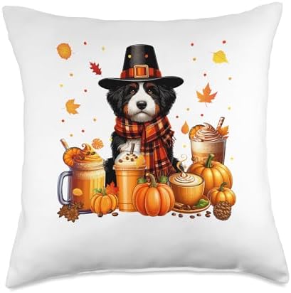 Bernedoodle Thanksgiving Drinks Coffee Fall Leaves Pumpkins Throw Pillow by Unknown