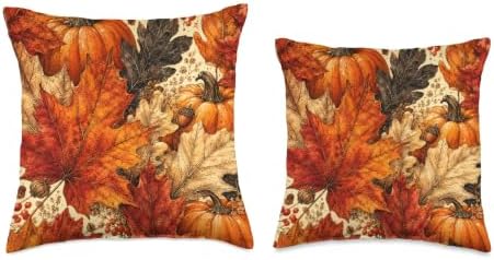 Vintage Autumn Pumpkin & Maple Leaves Fall Pattern Throw Pillow - Image 3