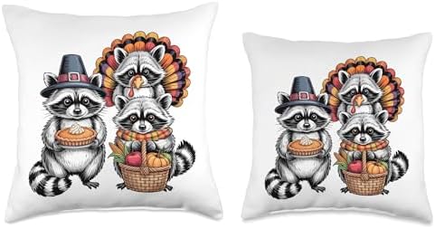 Thanksgiving Raccoon Trio Pilgrim Turkey Harvest Throw Pillow - Image 3