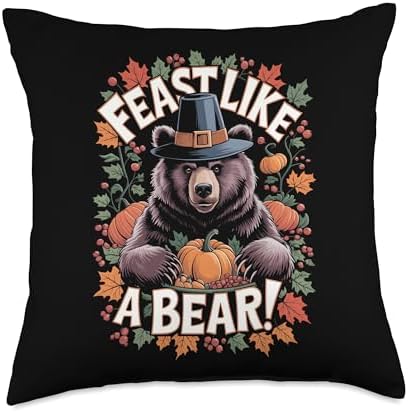 Thanksgiving Brown Bear Grizzly Pilgrim Feast Like A Bear Throw Pillow by Unknown