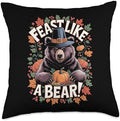 Thanksgiving Brown Bear Grizzly Pilgrim Feast Like A Bear Throw Pillow by Unknown