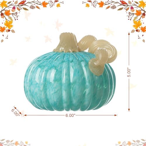 Glitzhome Fall Glass Pumpkin Decor Hand Blown Glass Pumpkin Table Top Home Decor for Fall Harvest & Thanksgiving Decorating, 5" H, Turquoise