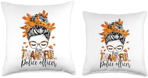 One Thankful Police Officer Messy Bun Fall Thanksgiving Cops Throw Pillow - Image 3