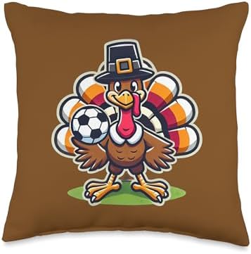 Soccer Turkey Funny Thanksgiving Animal Bird Sports Player Throw Pillow by Unknown
