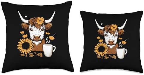 CharlIan Minds - Coffee Lover Cow Fan Thanksgiving Scottish Highland Cow Sunflower Fall Coffee Lover Throw Pillow, 16x16, Multicolor - Image 3
